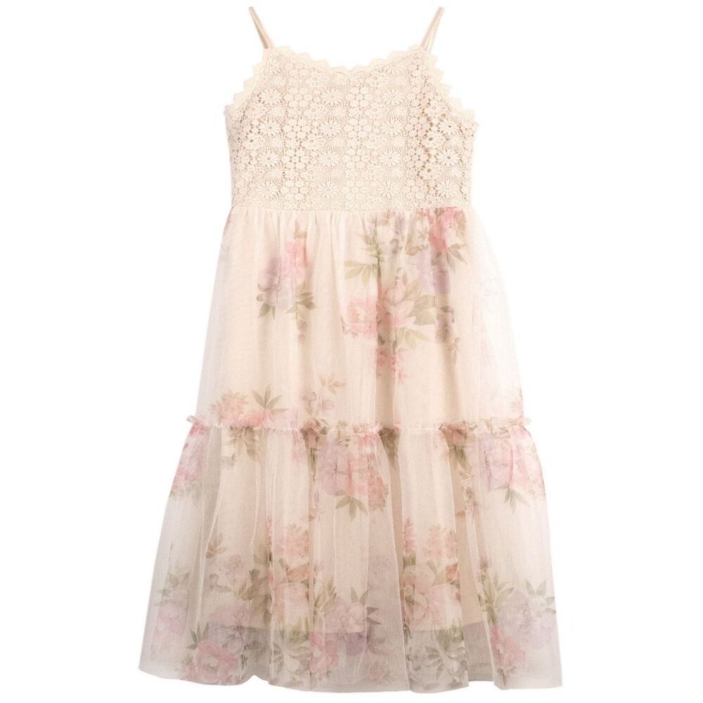 Pink Violet Big Girls Crochet to Printed Mesh Maxi Dress - Natural‎ Size 14